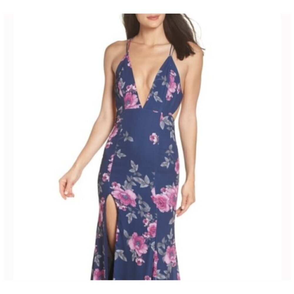 Fame and Partners NWT $279 Blue Pink Floral Gown Maxi Dress Plunging V-Neck 2 - Picture 5 of 14